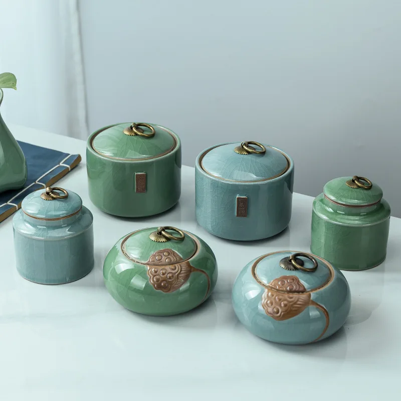 Tea Tea Bag Storage Box Geyao Tea Pot Ceramic Seal Pot Sugar Pot Moisture-proof Pot Tea Pot Living Room Coffee Table Decoration thumbnail 2