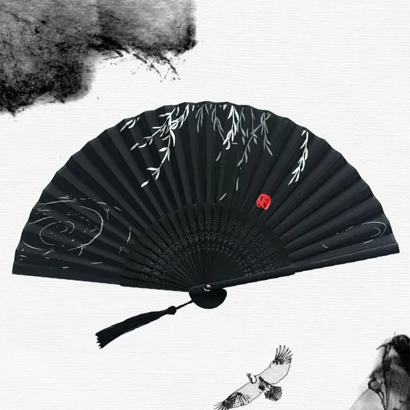 Chinese Japanese Silk Folding Fan Wooden Shank Classical Dance Fan High Quality Tassel Elegent Female Fan Home Decoration thumbnail 2