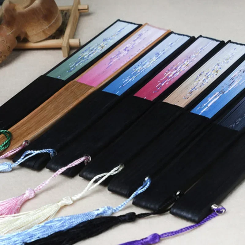 Chinese Japanese Silk Folding Fan Wooden Shank Classical Dance Fan High Quality Tassel Elegent Female Fan Home Decoration thumbnail 5