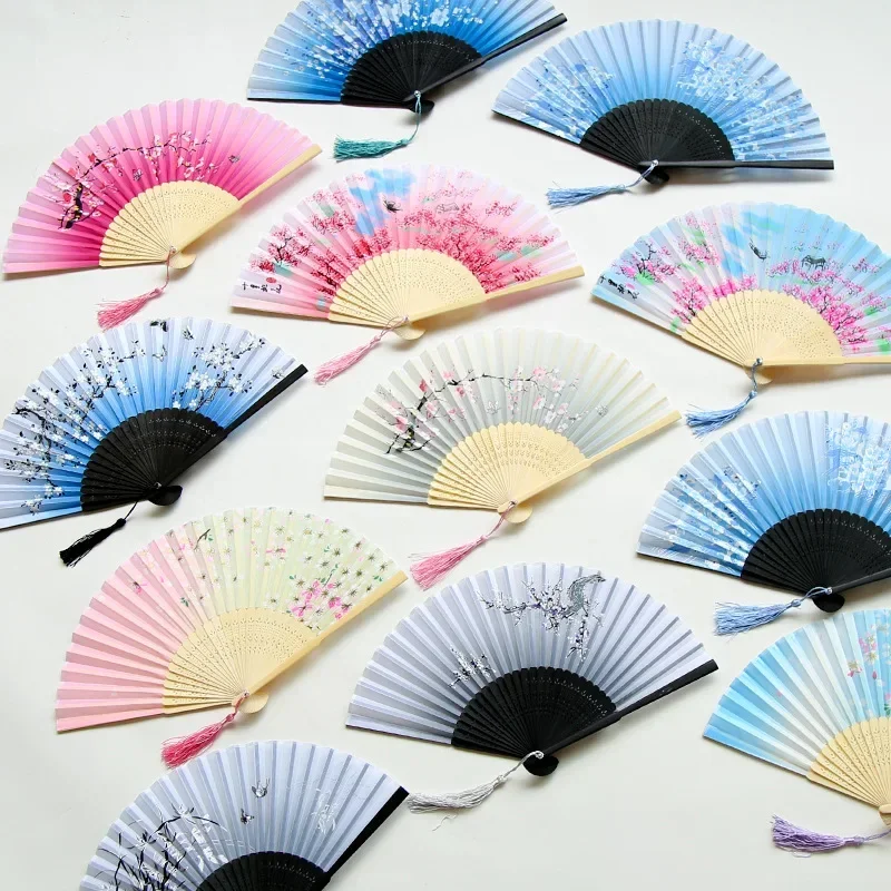 Chinese Japanese Silk Folding Fan Wooden Shank Classical Dance Fan High Quality Tassel Elegent Female Fan Home Decoration thumbnail 6