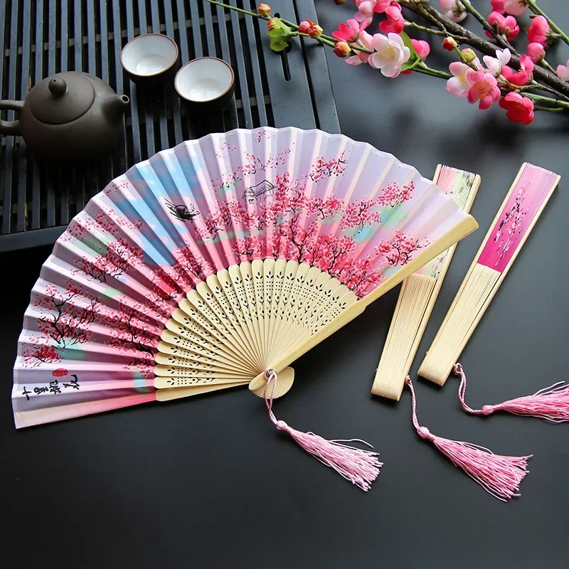 Chinese Japanese Silk Folding Fan Wooden Shank Classical Dance Fan High Quality Tassel Elegent Female Fan Home Decoration thumbnail 4