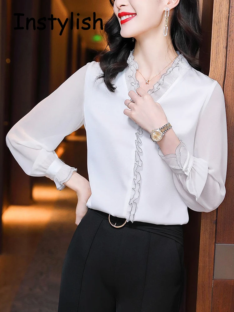 Elegant Women Chiffon Shirt Korean Blouse Office Lace Mesh Long Sleeve Ruffles V NeckTops Casual Vintage Pullovers Blusas 2022 thumbnail 4