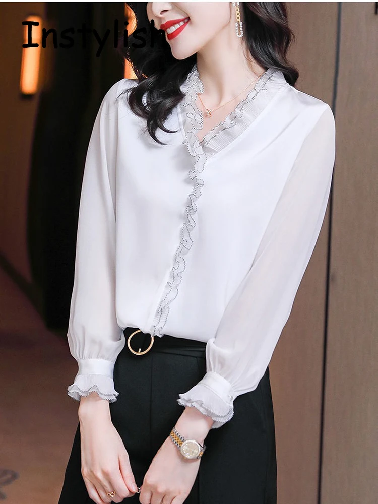 Elegant Women Chiffon Shirt Korean Blouse Office Lace Mesh Long Sleeve Ruffles V NeckTops Casual Vintage Pullovers Blusas 2022 thumbnail 2