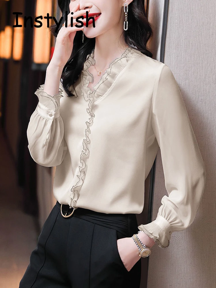 Elegant Women Chiffon Shirt Korean Blouse Office Lace Mesh Long Sleeve Ruffles V NeckTops Casual Vintage Pullovers Blusas 2022 thumbnail 5