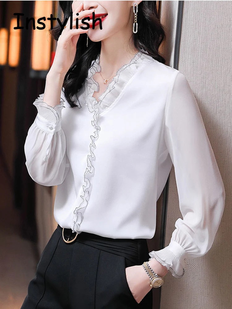 Elegant Women Chiffon Shirt Korean Blouse Office Lace Mesh Long Sleeve Ruffles V NeckTops Casual Vintage Pullovers Blusas 2022 thumbnail 6