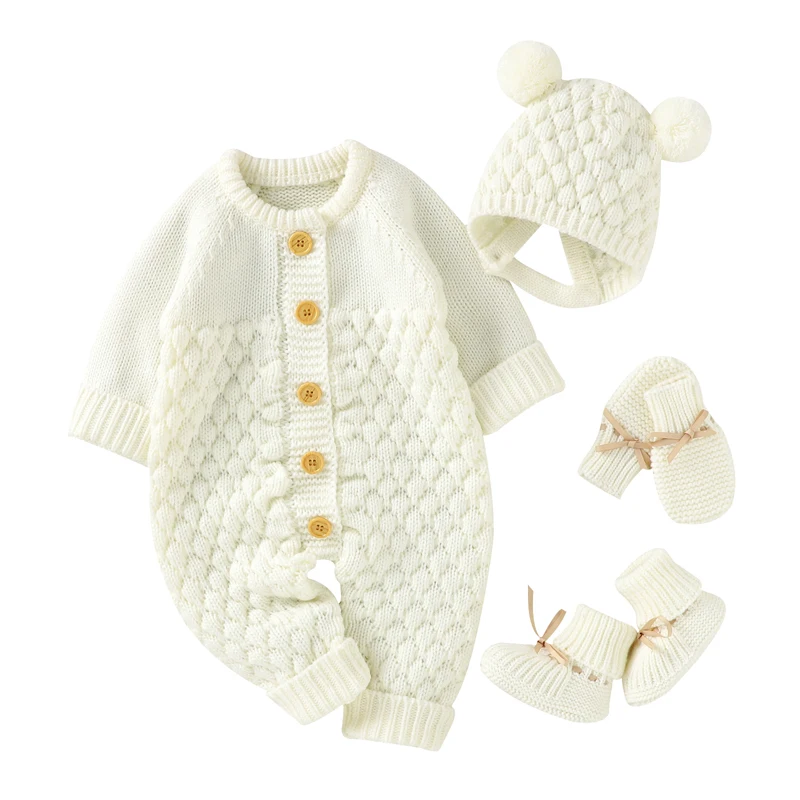 Baby Rompers Clothes Autumn Winter Knitted Newborn Boys Girls Solid Plain Jumpsuits Fashion Solid Plain Toddler Kids Unisex Wear thumbnail 4