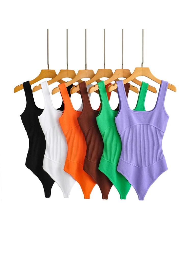 Summer 6 Colors Women Knitted Elastic Slim V-neck Tank Bodysuits Sleeveless Backless Sexy Bodysuit