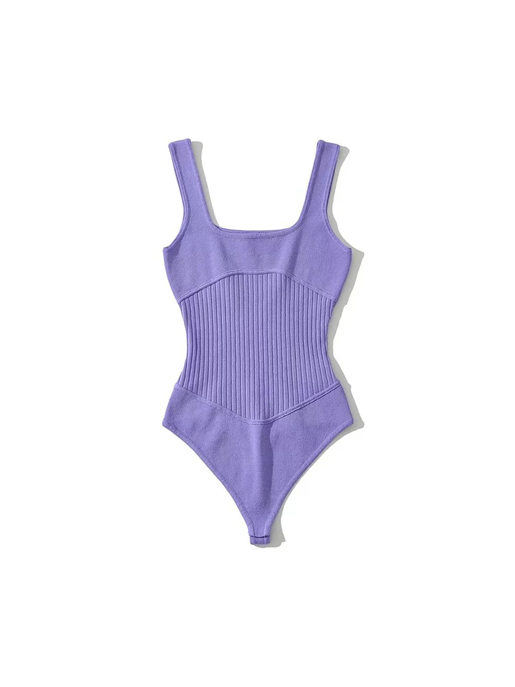 Summer 6 Colors Women Knitted Elastic Slim V-neck Tank Bodysuits Sleeveless Backless Sexy Bodysuit thumbnail 4