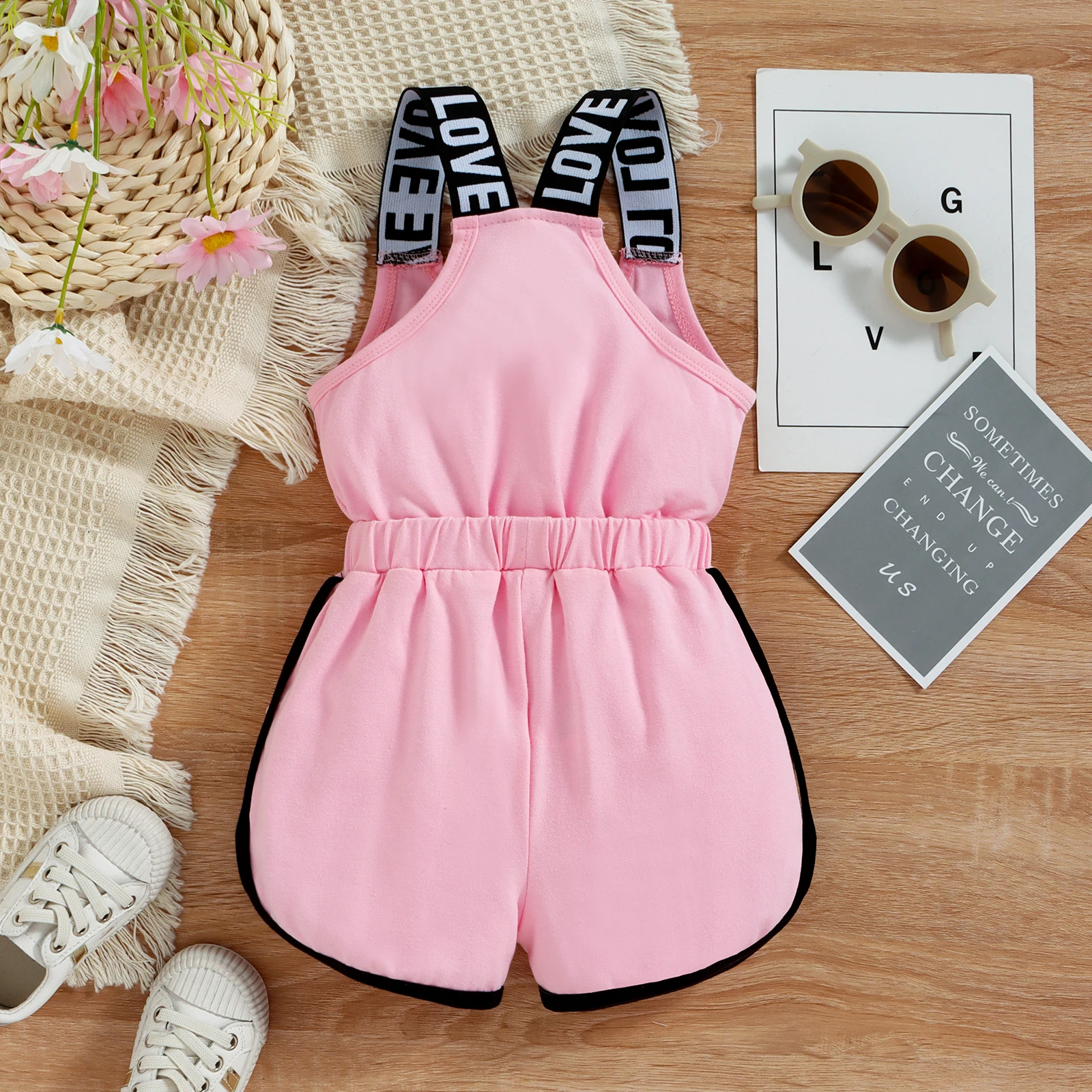 Toddler Kids Baby Girls Summer Romper, Sleeveless Crew Neck Letter Print Short Jumpsuit Elastic Waist Clothes 9M-4T thumbnail 3