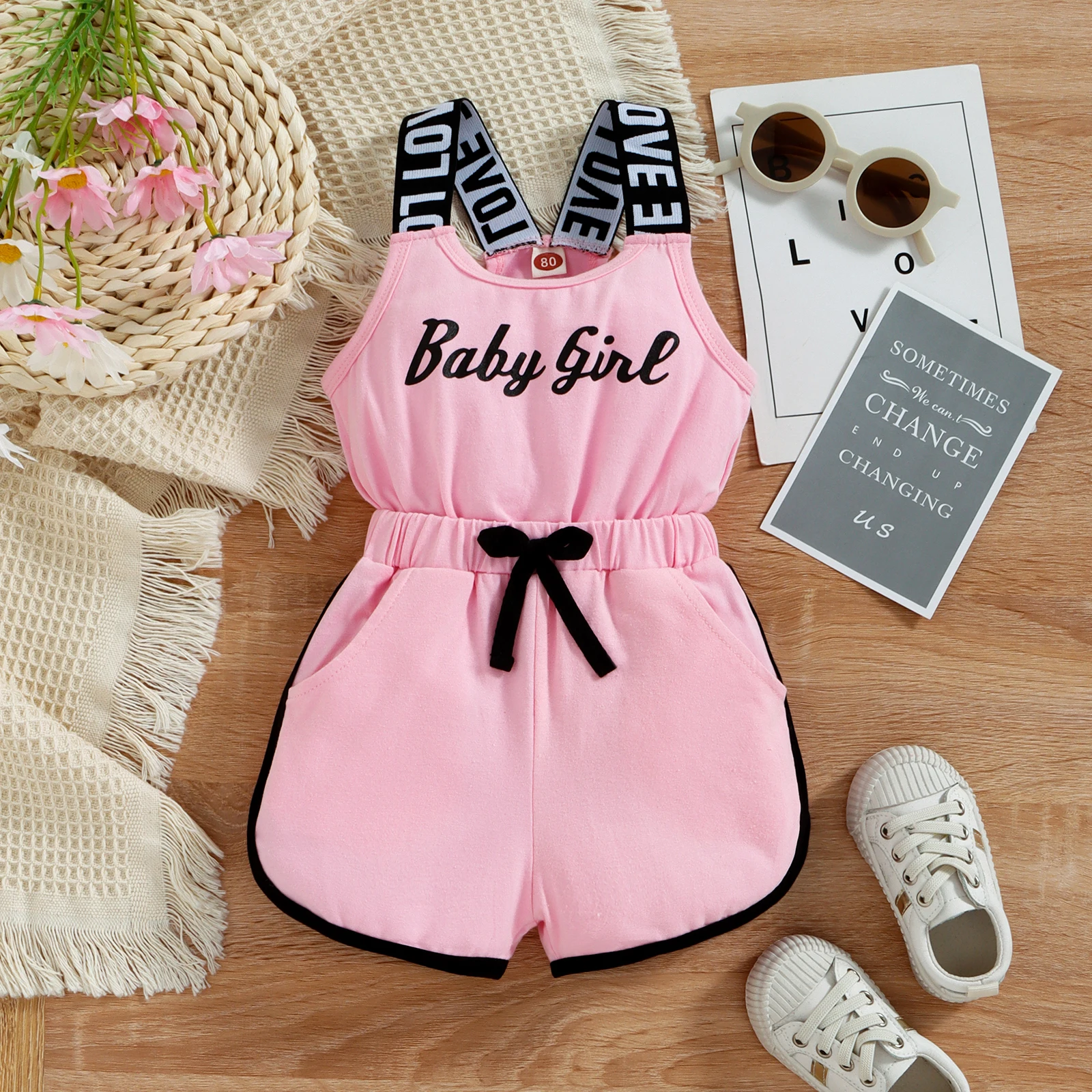 Toddler Kids Baby Girls Summer Romper, Sleeveless Crew Neck Letter Print Short Jumpsuit Elastic Waist Clothes 9M-4T thumbnail 2