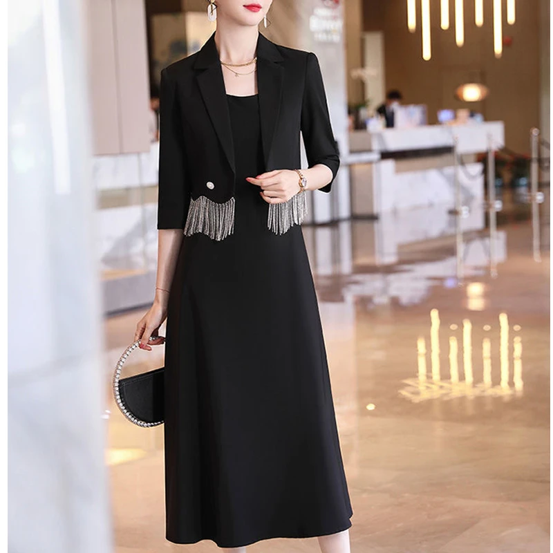 2025 Summer Women's Graceful Tassel Short Blazers Korean Office Lady Elegant Black Suit Coats Camisole Dress 2 Piece Set Outfit