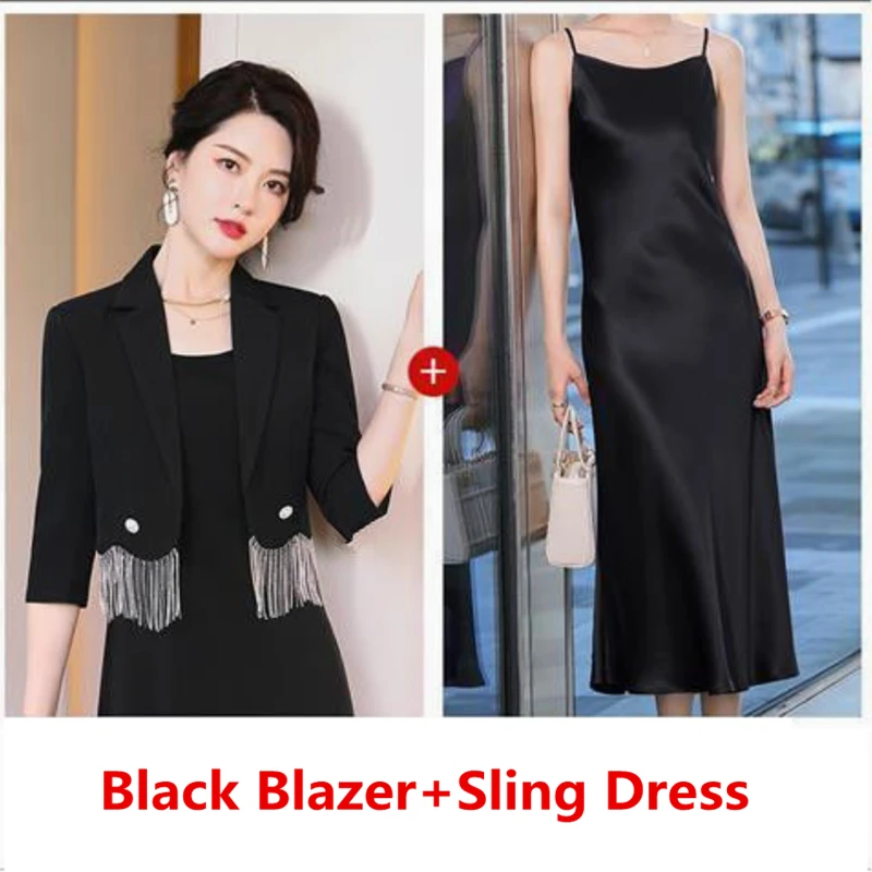 2025 Summer Women's Graceful Tassel Short Blazers Korean Office Lady Elegant Black Suit Coats Camisole Dress 2 Piece Set Outfit thumbnail 4
