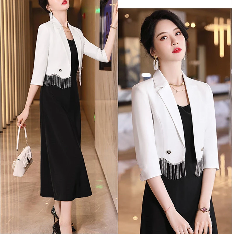 2025 Summer Women's Graceful Tassel Short Blazers Korean Office Lady Elegant Black Suit Coats Camisole Dress 2 Piece Set Outfit thumbnail 5