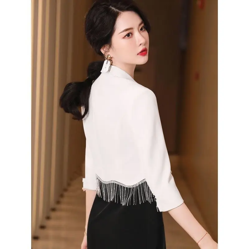 2025 Summer Women's Graceful Tassel Short Blazers Korean Office Lady Elegant Black Suit Coats Camisole Dress 2 Piece Set Outfit thumbnail 6