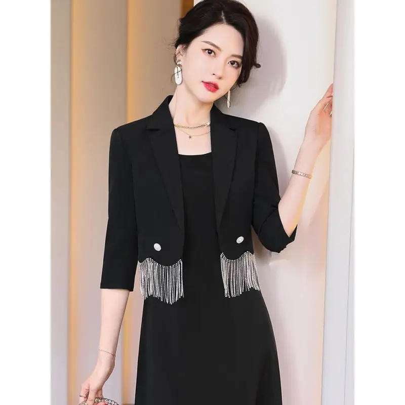 2025 Summer Women's Graceful Tassel Short Blazers Korean Office Lady Elegant Black Suit Coats Camisole Dress 2 Piece Set Outfit thumbnail 3