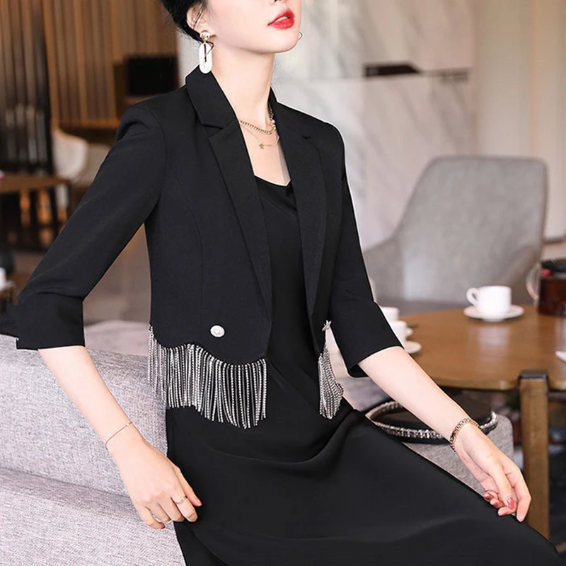 2025 Summer Women's Graceful Tassel Short Blazers Korean Office Lady Elegant Black Suit Coats Camisole Dress 2 Piece Set Outfit thumbnail 2