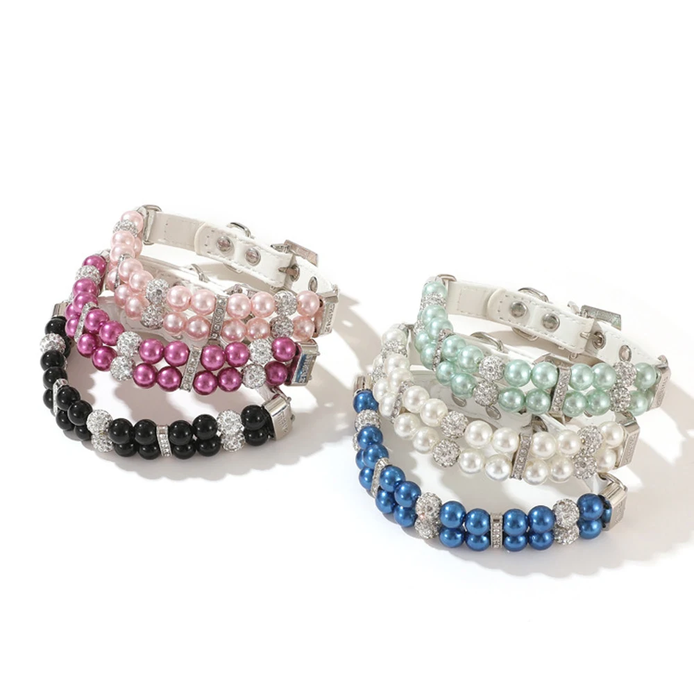 Pearl Pet Collar Artificial Pearls Rhinestone Dog Collar For Cat Necklace Wedding Party Pink Blue Green thumbnail 5
