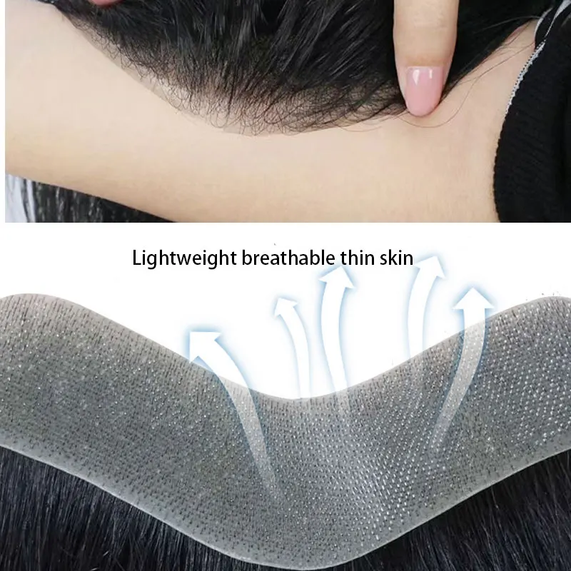 Men's Toupee Thin Skin PU V Loop Front Hair Replacement Systems 6 Inches Remy Human HairPiece Toupee For Men 1B V Frontal Toupee thumbnail 3