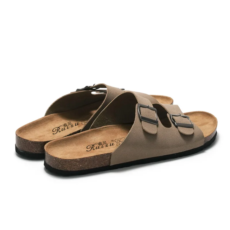 2022 New Unisex 35-46 Men Women Cork Slippers Leather Mule Clogs Slippers High Quality Soft Cork Two Buckle Slides Footwear thumbnail 4