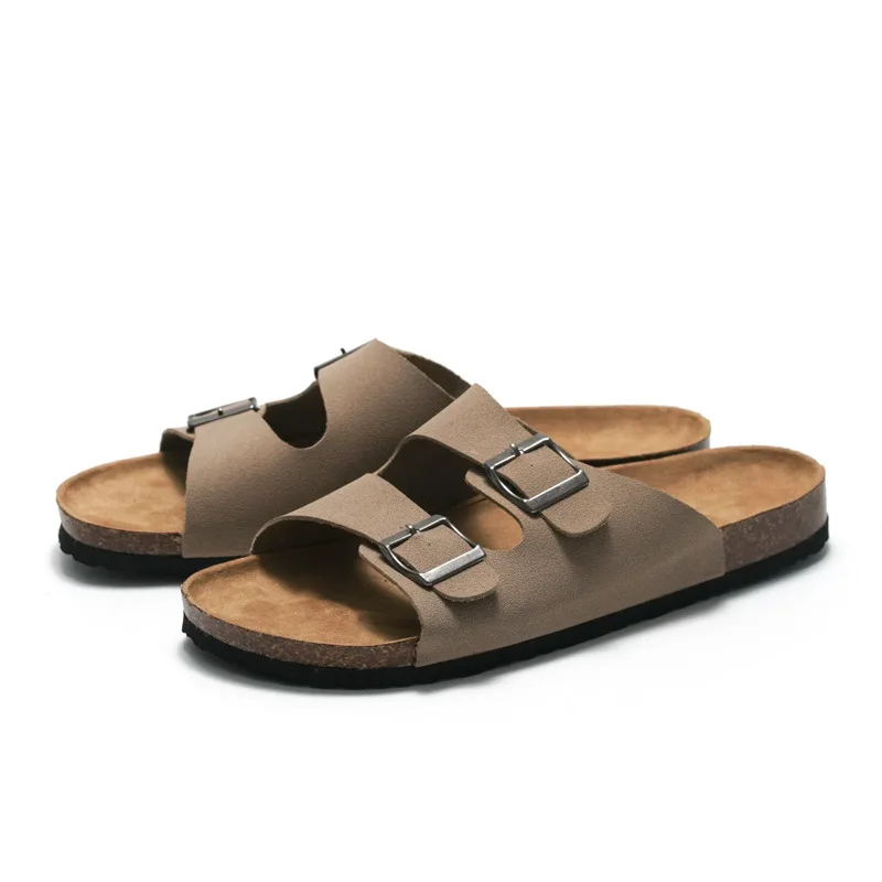 2022 New Unisex 35-46 Men Women Cork Slippers Leather Mule Clogs Slippers High Quality Soft Cork Two Buckle Slides Footwear thumbnail 2