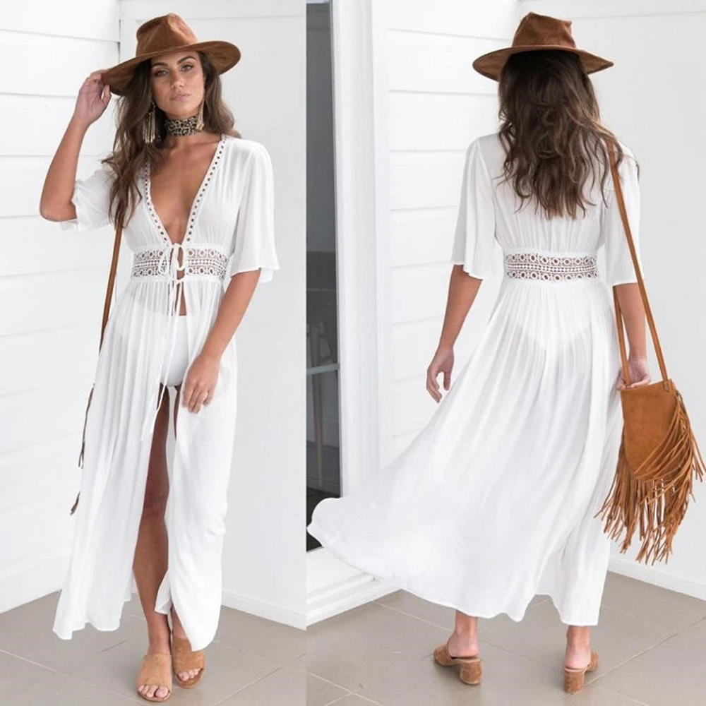 Women's Summer Dress Lady Lace Boho Beach Swimsuit Bikini Cover Up Lace-Up Long Blouse Hollow Out Sun Protection Cardigan Shawl thumbnail 3