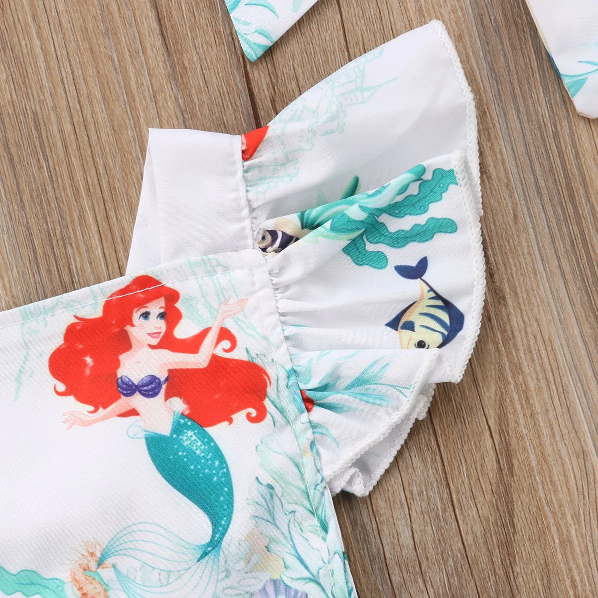 Newborn Baby Girls Summer Romper with Headband Mermaid Printed Ruffle Sleeve Backless Jumpsuit Outfit Fashion Baby Clothing thumbnail 4