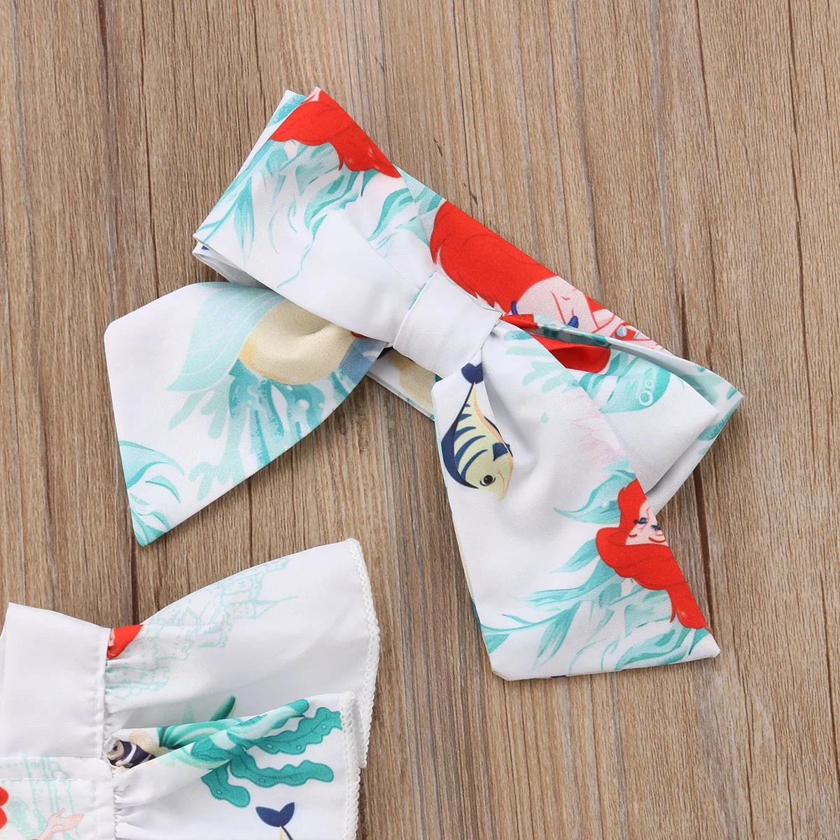 Newborn Baby Girls Summer Romper with Headband Mermaid Printed Ruffle Sleeve Backless Jumpsuit Outfit Fashion Baby Clothing thumbnail 2