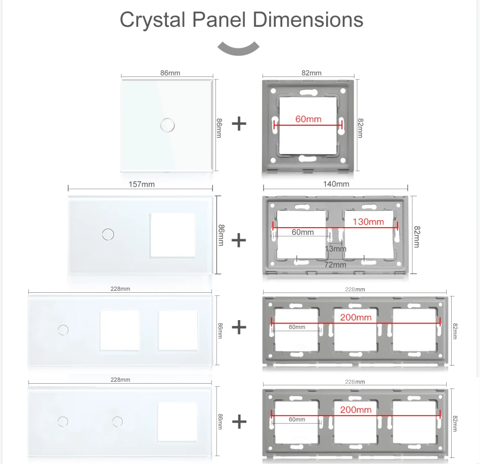 BSEED Wall Touch Switch 1/2/3Gang 1/2Way Light Switch Dimmer Function Parts Glass Panel Frames EU Wall Sockets DIY Parts White thumbnail 2