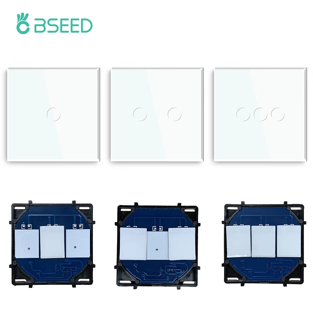BSEED Wall Touch Switch 1/2/3Gang 1/2Way Light Switch Dimmer Function Parts Glass Panel Frames EU Wall Sockets DIY Parts White thumbnail 6