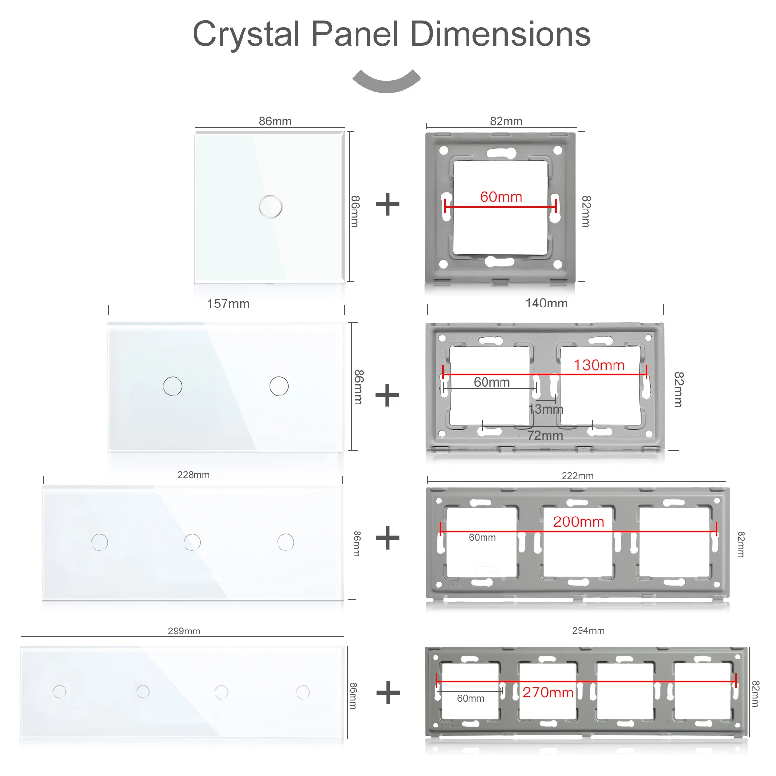 BSEED Wall Touch Switch 1/2/3Gang 1/2Way Light Switch Dimmer Function Parts Glass Panel Frames EU Wall Sockets DIY Parts White thumbnail 3