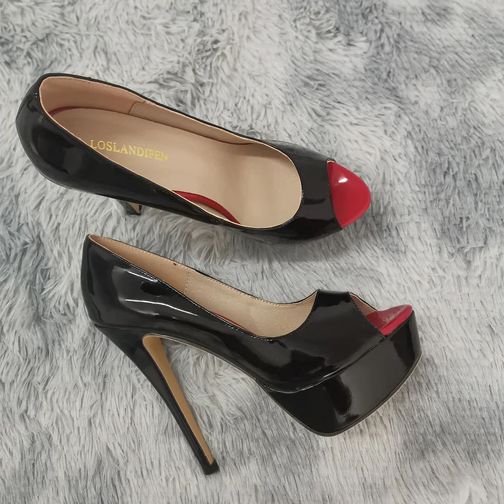 Women Pumps Sexy Platform Peep Toe 14cm Extremely Thin High Heels Stiletto Patent Leather Fashion Party Nighclub Wedding Shoes thumbnail 2