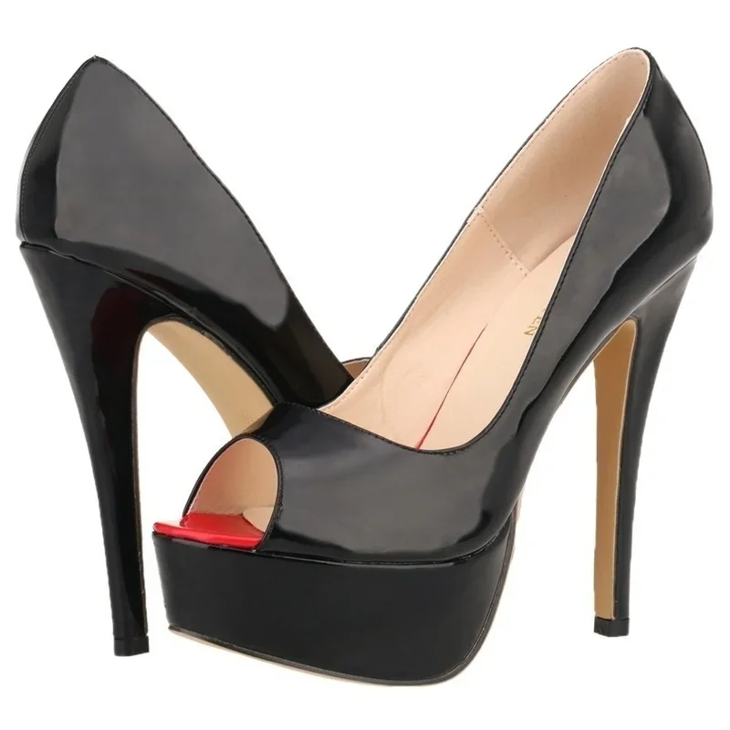 Women Pumps Sexy Platform Peep Toe 14cm Extremely Thin High Heels Stiletto Patent Leather Fashion Party Nighclub Wedding Shoes thumbnail 6