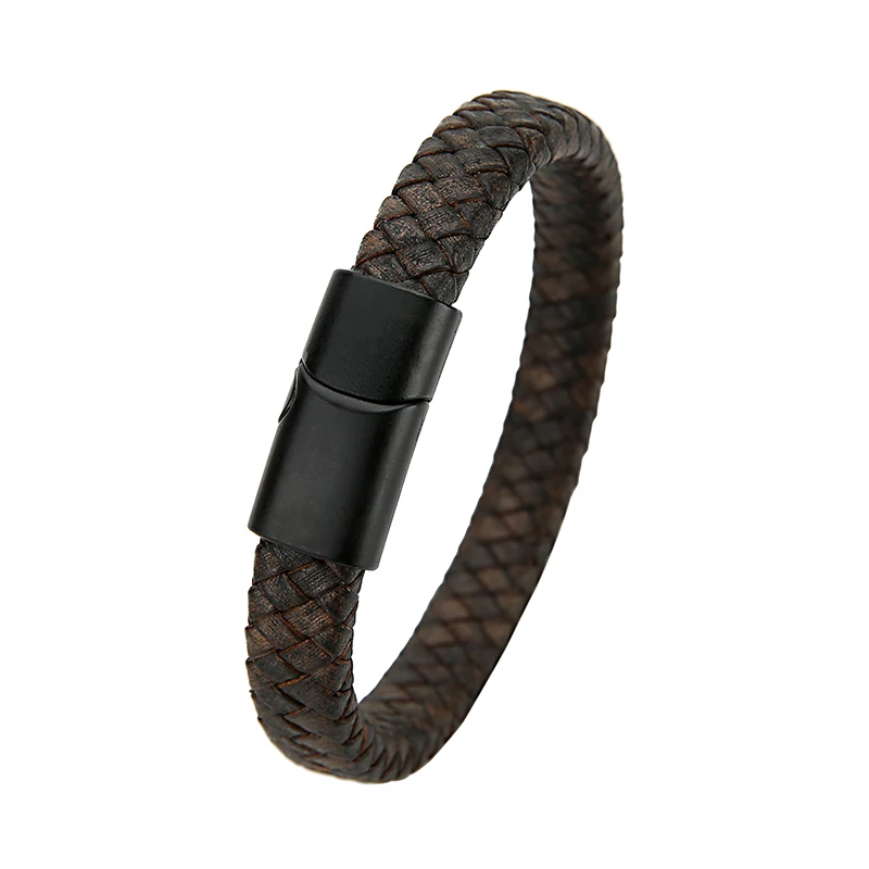Mibrow Braided Black Leather Men Bracelet 10x5 12x6mm Size Fashion Metal Magnetic Clasp Wrap Bracelets Punk Charm Men Jewelry thumbnail 5