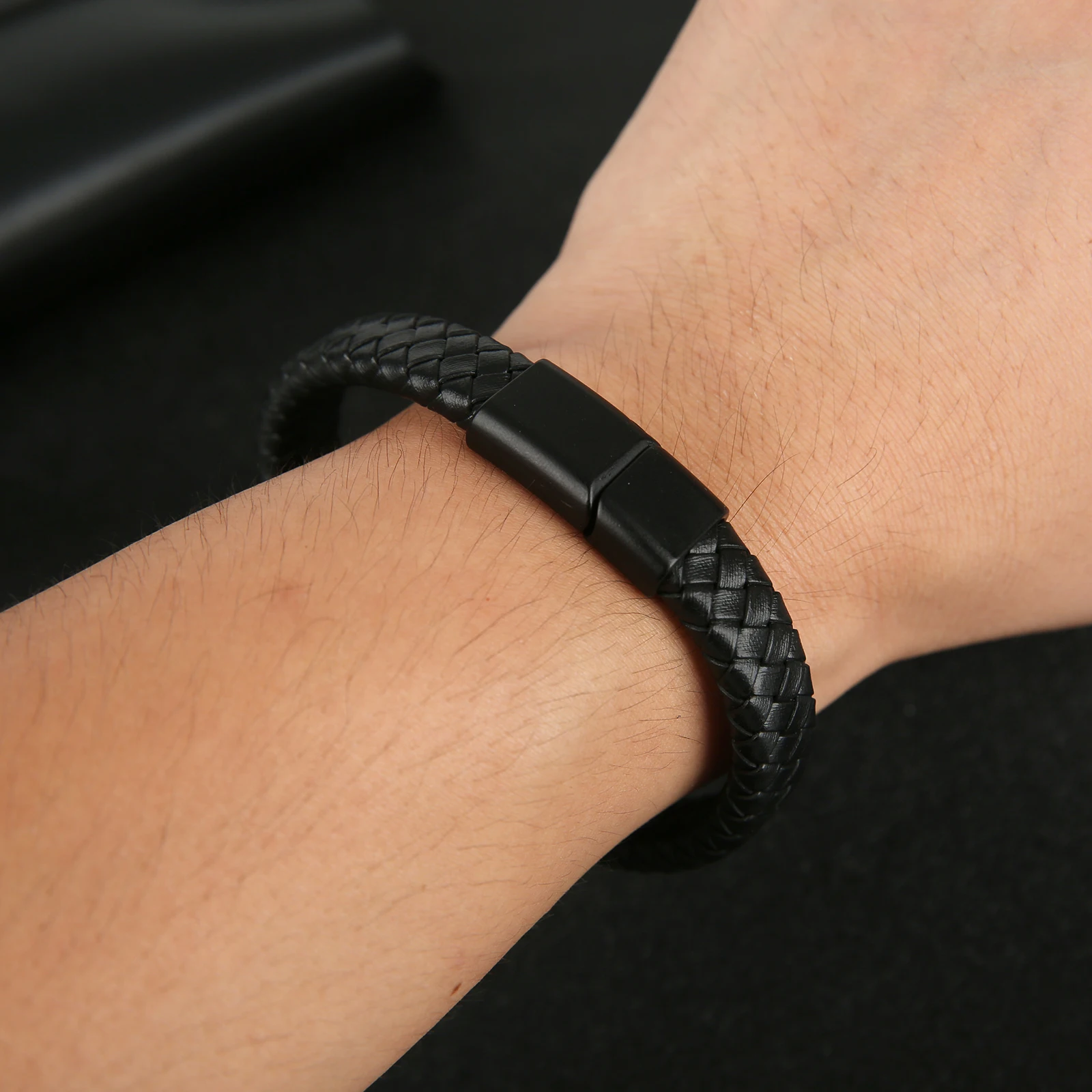 Mibrow Braided Black Leather Men Bracelet 10x5 12x6mm Size Fashion Metal Magnetic Clasp Wrap Bracelets Punk Charm Men Jewelry thumbnail 3