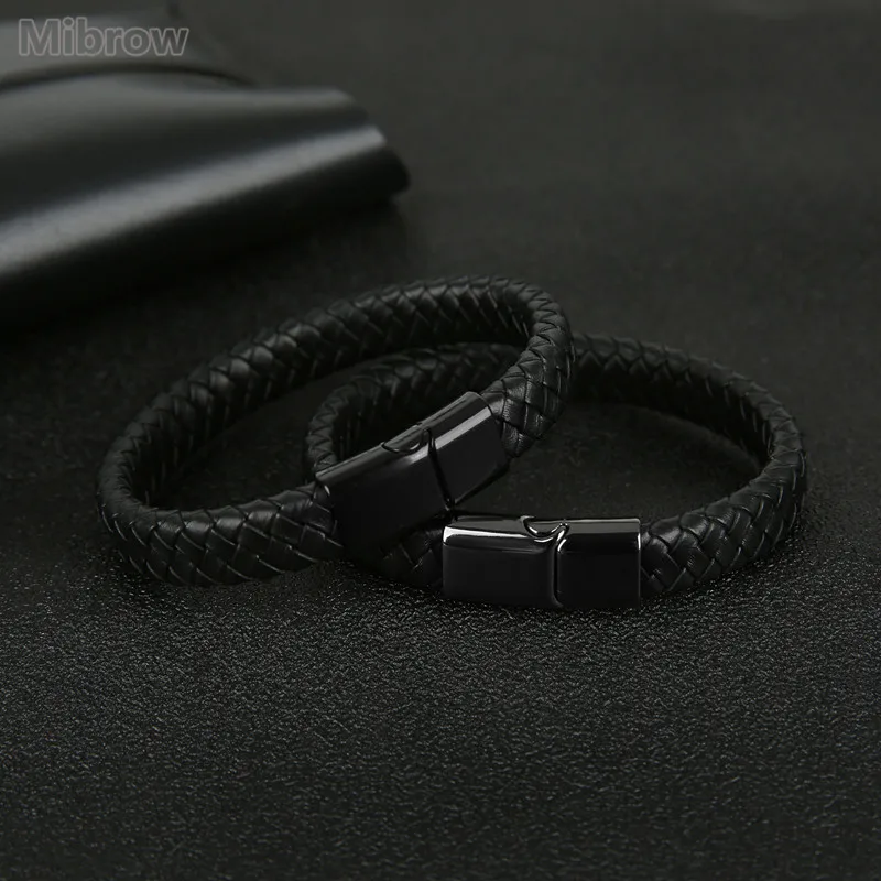 Mibrow Braided Black Leather Men Bracelet 10x5 12x6mm Size Fashion Metal Magnetic Clasp Wrap Bracelets Punk Charm Men Jewelry thumbnail 2