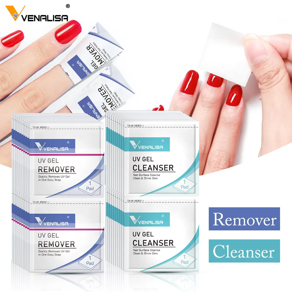 Venalisa 20Pcs Remover Wipes Pad for Nail Manicure Cleanser Nail Art UV Gel Remover Degreaser for Nails Gel Nail Polish