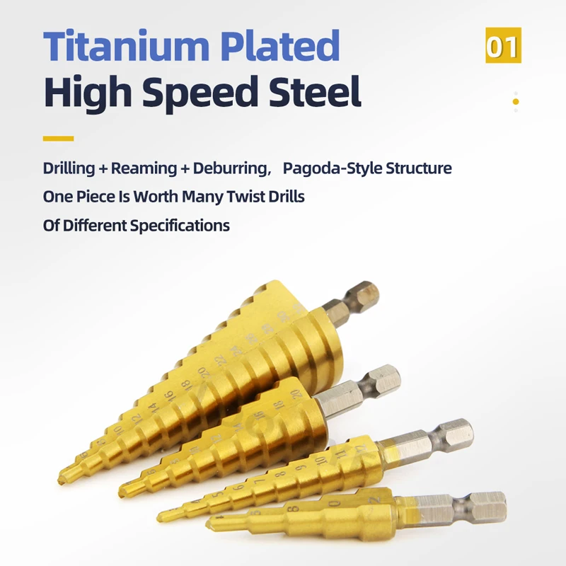 TOOLEYE HSS Titanium Step Drill Bit Stage Drills For Metal Wood High Speed Stepped Drill Set Power Tools 3-12 4-12 4-20 4-32mm thumbnail 6