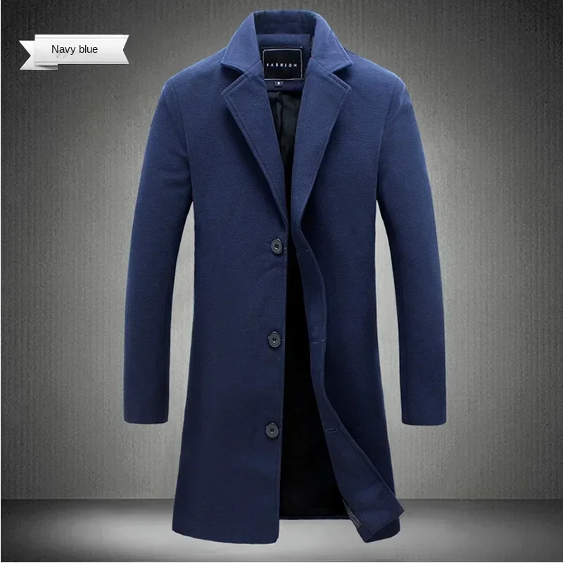 Men Long Cotton Coat 2025 Autumn Winter Wool Blend Pure Color Business Casual Slim Fit Windbreaker Jacket Fashion Men Clothing thumbnail 4