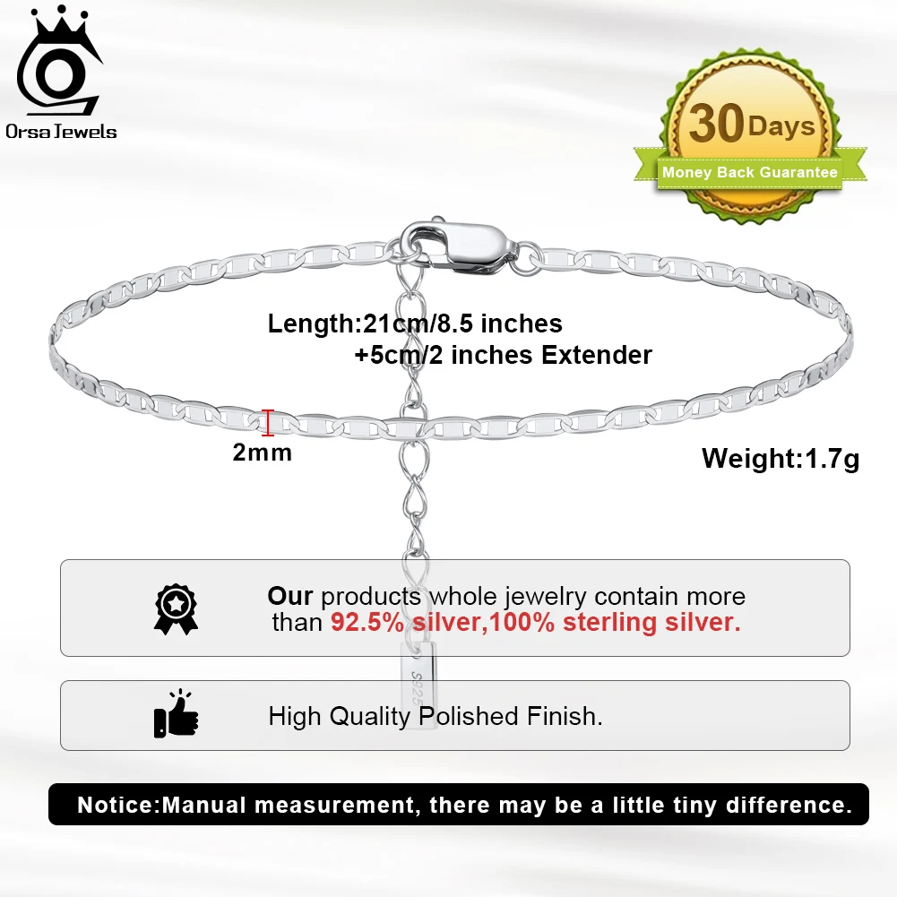 ORSA JEWELS 925 Sterling Silver Italian 2mm Sparkle Mirror Chain Anklets for Women Gold Foot Bracelet Ankle Straps Jewelry SA29 thumbnail 2