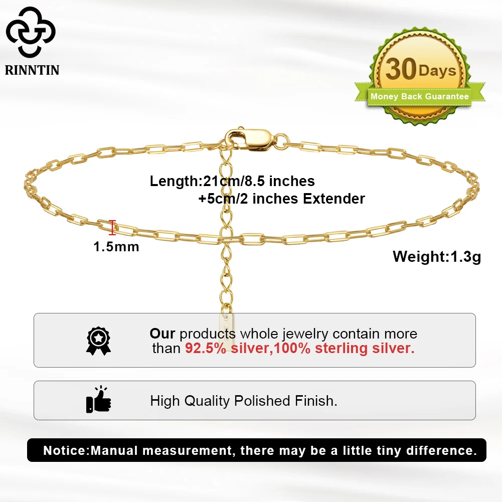 Rinntin Paperclip Chain Anklet for Women 925 Silver Summer 14K Gold Foot Chain Bracelet Fashion Ankle Straps Jewelry Gift SA22 thumbnail 2