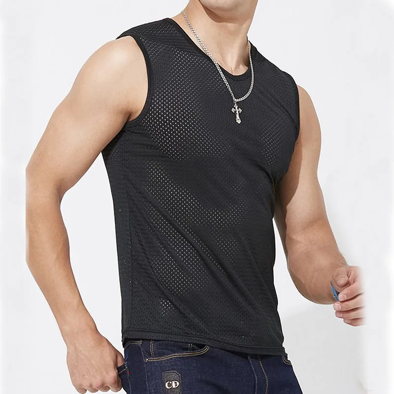 Men's Ice Silk Mesh Tank Tops Gym Stringer Transparent Bodybuilding Sleeveless Shirt Fitness Vest Male mesh Muscle Singlets thumbnail 3