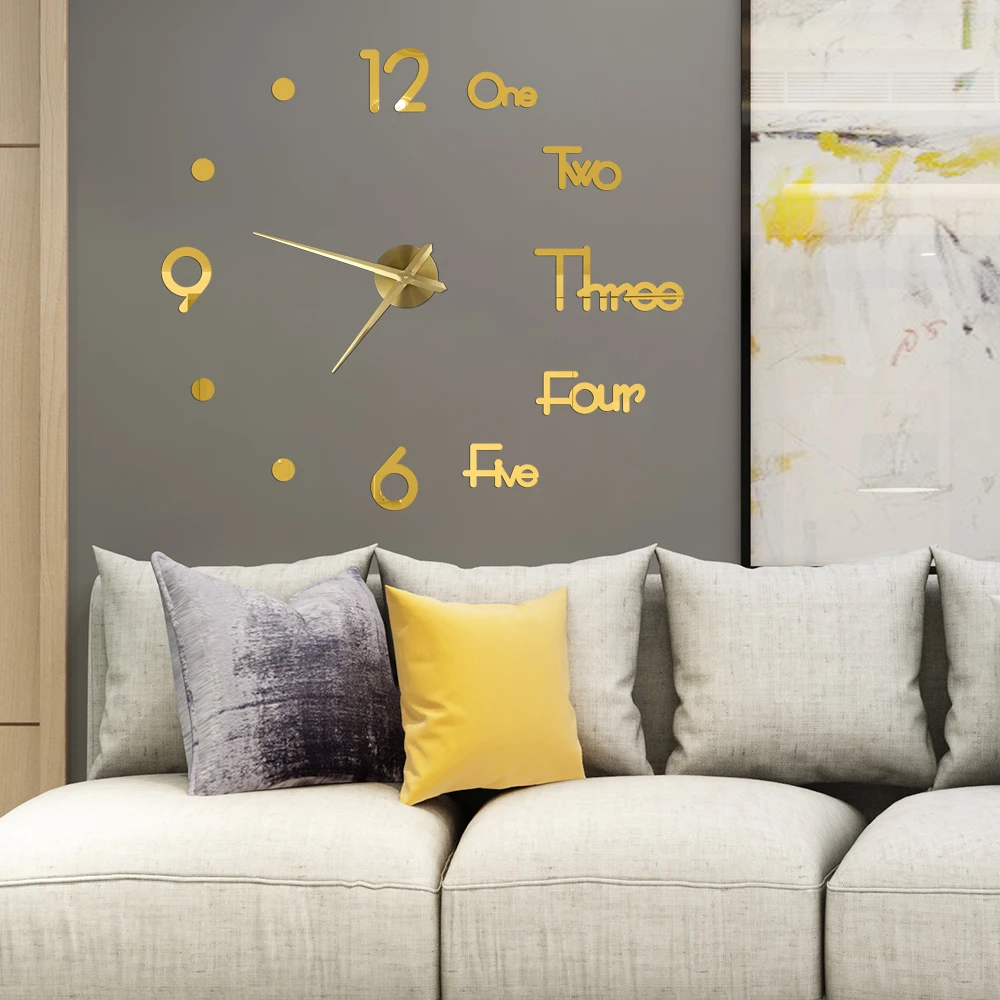 3D Wall Clock DIY Big Wall Clocks Modern Living Room Acrylic Mirror Stickers Self-Adhesive Quartz Watch Silent Home Decoration thumbnail 2