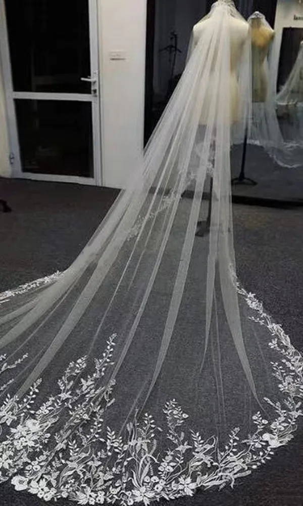 sparkling White Ivory Long Bridal Veils Wedding Veil Lace Appliques Soft Net Cathedral Veil velos de novia  voile de mariée thumbnail 2