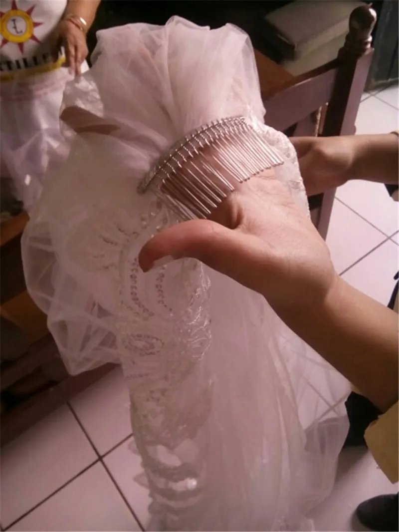 sparkling White Ivory Long Bridal Veils Wedding Veil Lace Appliques Soft Net Cathedral Veil velos de novia  voile de mariée thumbnail 5
