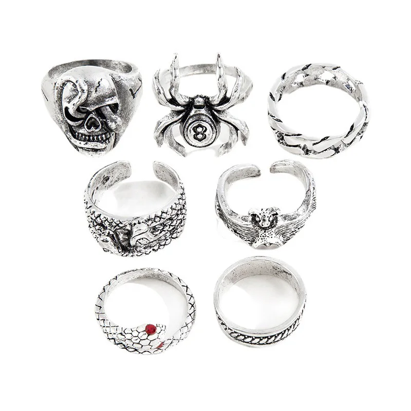 6Pcs Punk Poker Joker Silver Color Rings for Men Goth Skeleton Billiards Set Couple Emo Fashion Jewelry Anillos Hombre thumbnail 6