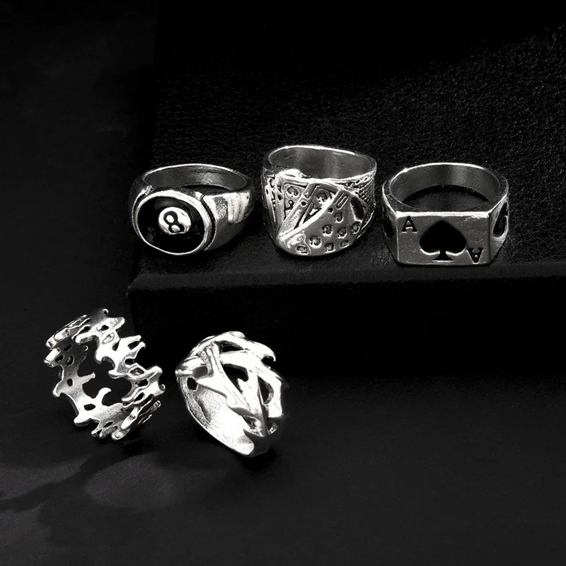 6Pcs Punk Poker Joker Silver Color Rings for Men Goth Skeleton Billiards Set Couple Emo Fashion Jewelry Anillos Hombre thumbnail 5