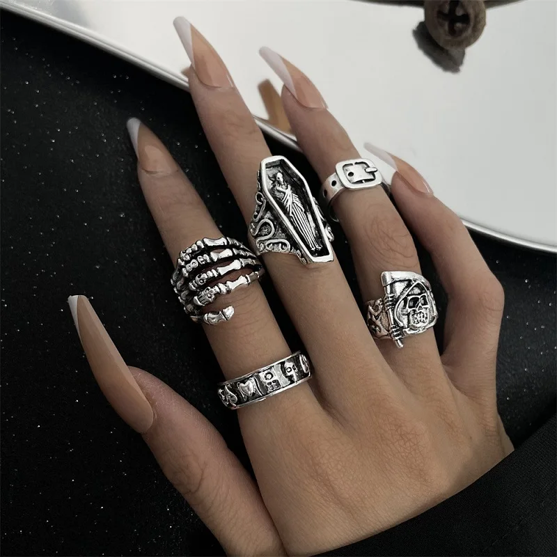6Pcs Punk Poker Joker Silver Color Rings for Men Goth Skeleton Billiards Set Couple Emo Fashion Jewelry Anillos Hombre thumbnail 4