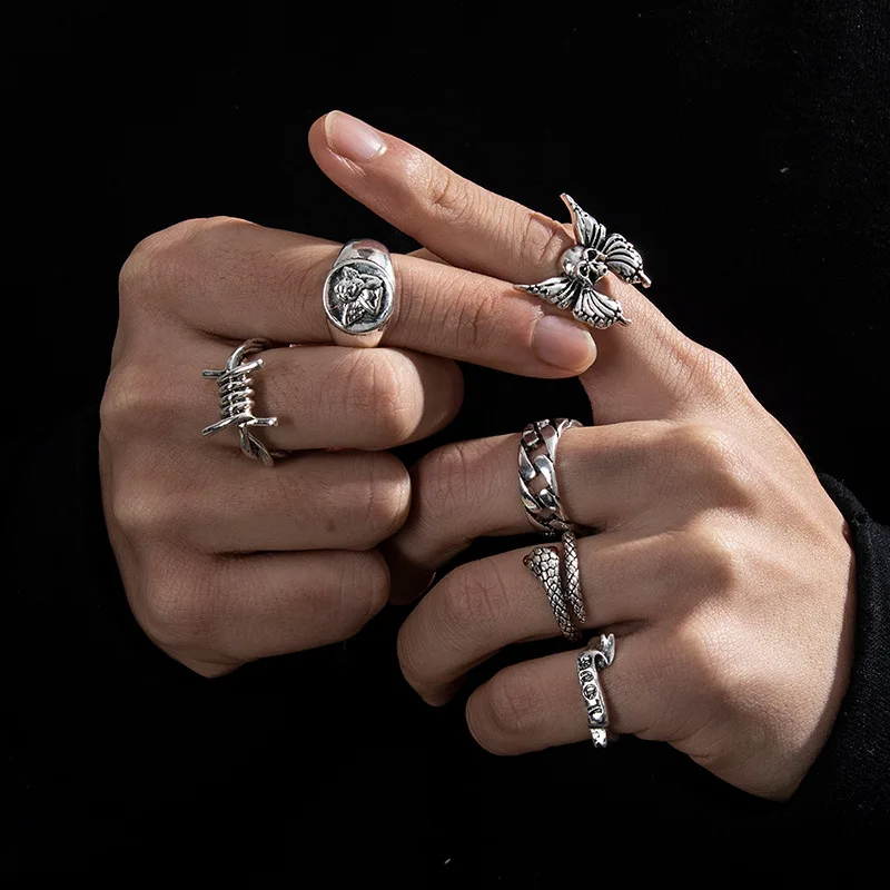 6Pcs Punk Poker Joker Silver Color Rings for Men Goth Skeleton Billiards Set Couple Emo Fashion Jewelry Anillos Hombre thumbnail 3