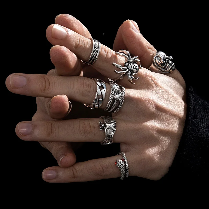 6Pcs Punk Poker Joker Silver Color Rings for Men Goth Skeleton Billiards Set Couple Emo Fashion Jewelry Anillos Hombre thumbnail 2