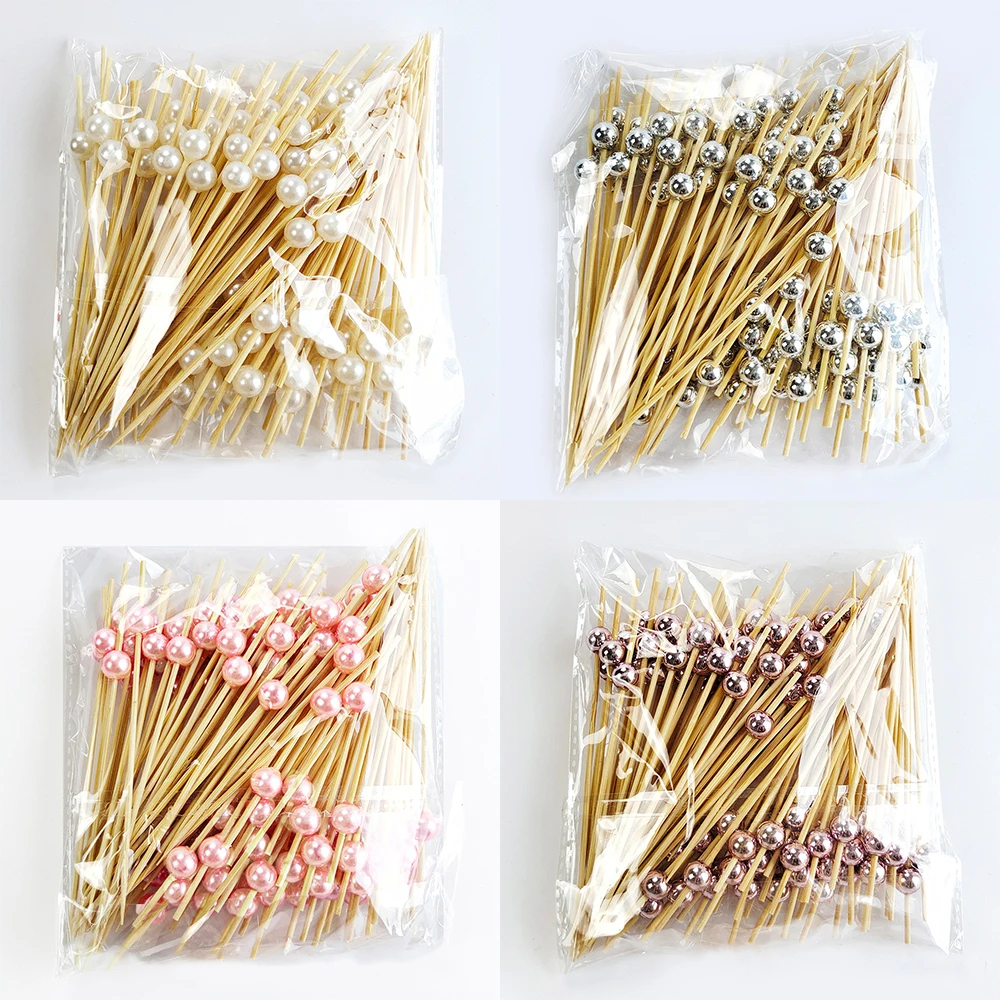 100/50Pcs Wedding Disposable Bamboo Skewers White Pearl Wooden Cocktail Picks Fruit Snack Fork Skewer Wedding Party Tableware thumbnail 6